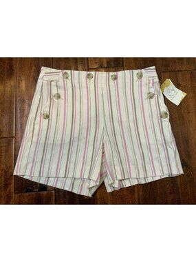 Trina Turk White, Purple & Gray Striped Linen Blend Sailor Button Shorts, Size 4